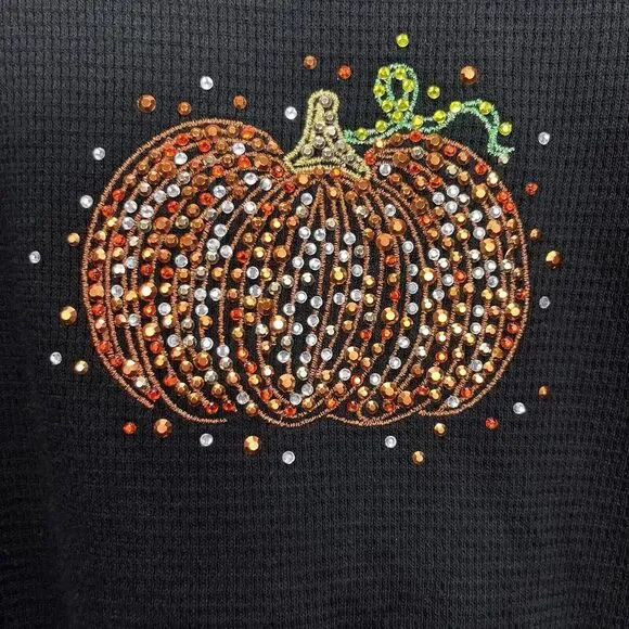 Quacker Factory Rhinestone Pumpkin Black Waffle Knit Long Sleeve Tee Size 3X - Picture 4 of 12